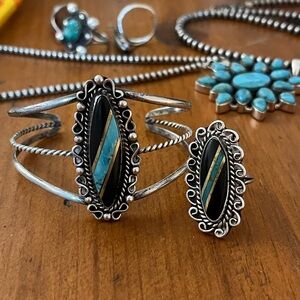 Black Onyx & Turquoise Cuff Ring Set Signed & Stamped